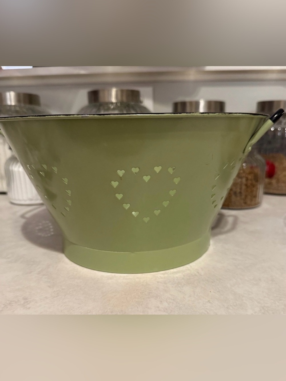 Adorable Distressed Kitchen Green Metal Colander Strainer with punch out Hearts